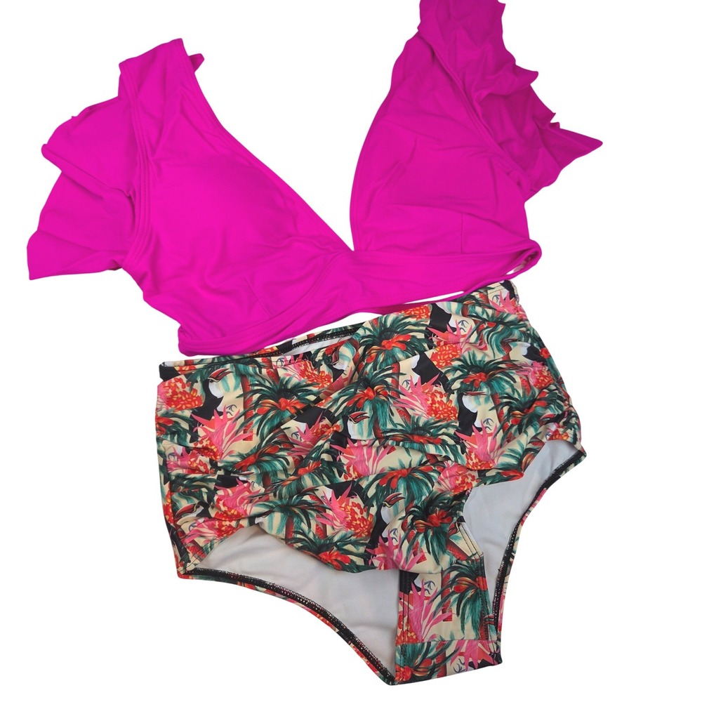 Sporlike Bikini Set Women M Pink Tropical Ruffle High Waist Beach Vacay 431 NWT